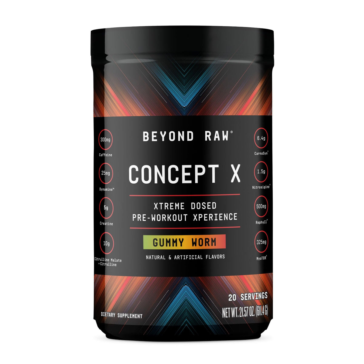 Beyond Raw Concept X pre-workout powder tub powering a high-energy training session.