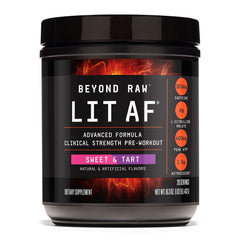 BEYOND RAW LIT AF bottle pouring powder for an energizing pre-workout boost