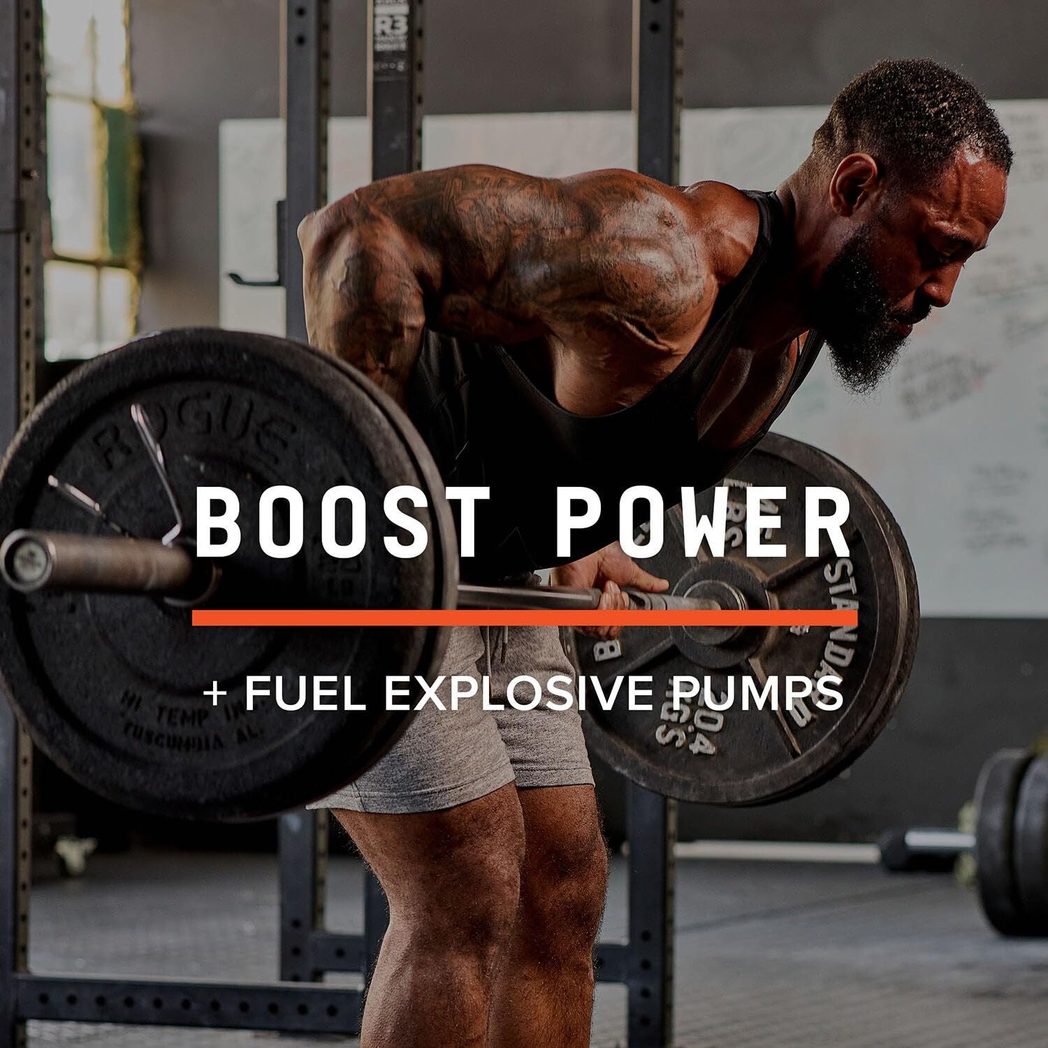 BEYOND RAW LIT AF bottle with glass of water suggests quick, refreshing energy during training.