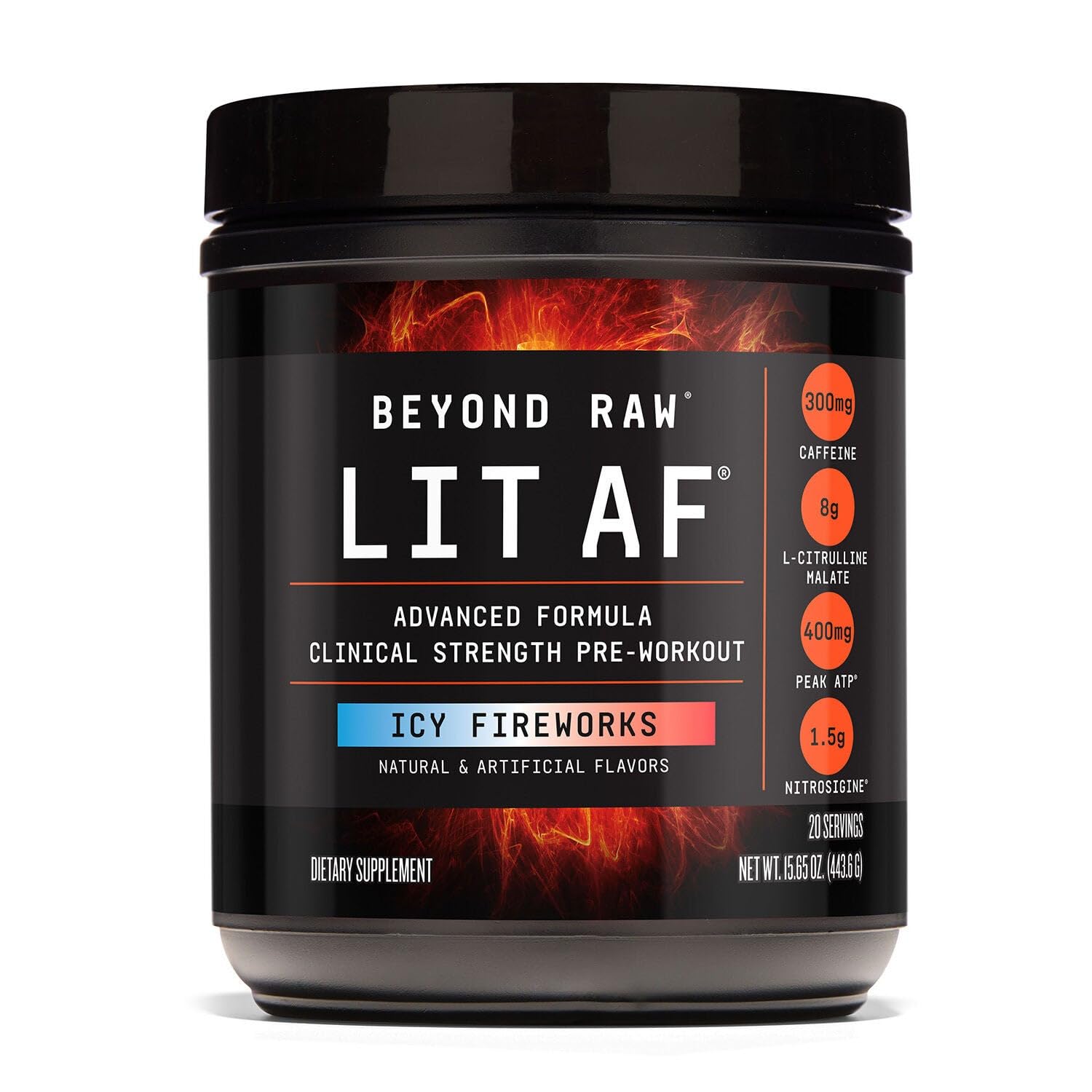 BEYOND RAW LIT AF icy fireworks bottle front signals bold energy for tough workouts.