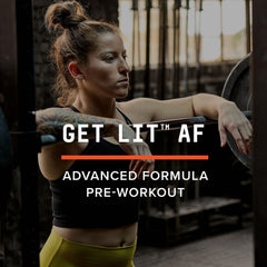 BEYOND RAW LIT AF label closeup highlights caffeine blend and performance ingredients.