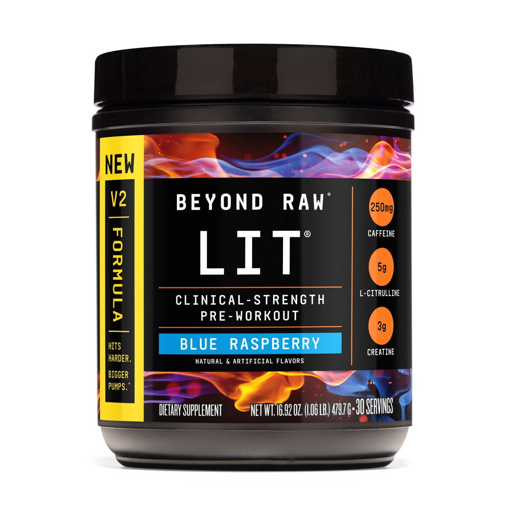 Beyond Raw LIT V2 bottle pouring pre-workout for quick servings