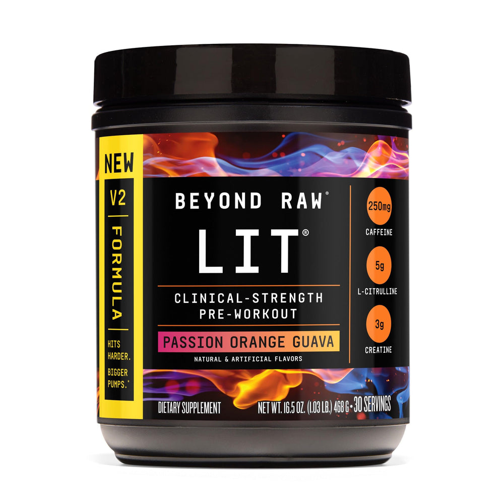 Beyond Raw LIT V2 Passion Orange Guava tub for high-energy pre-workout