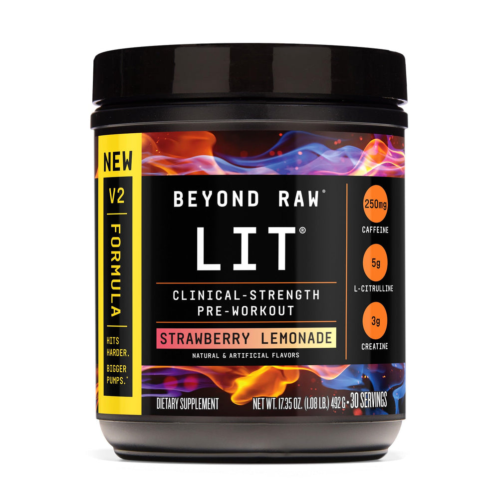 BEYOND RAW LIT V2 strawberry lemonade tub front, bold pre workout branding for energy