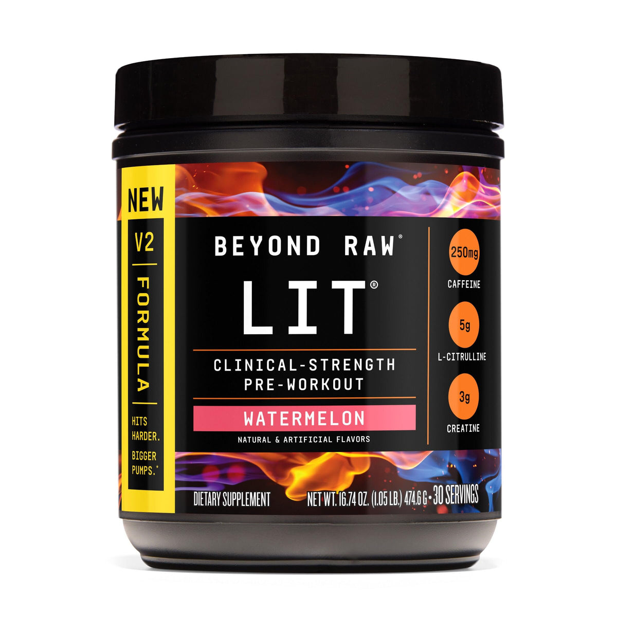 Beyond Raw LIT V2 watermelon powder can for intense workouts