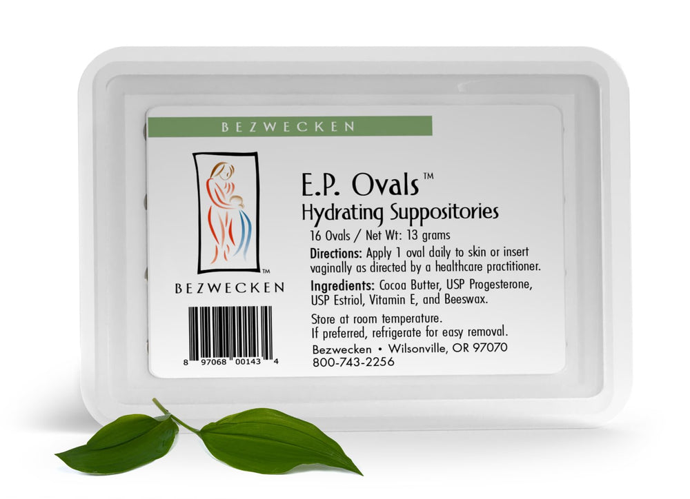 Bezwecken E.P. Ovals packaging showing 16 oval suppositories for menopause-related dryness