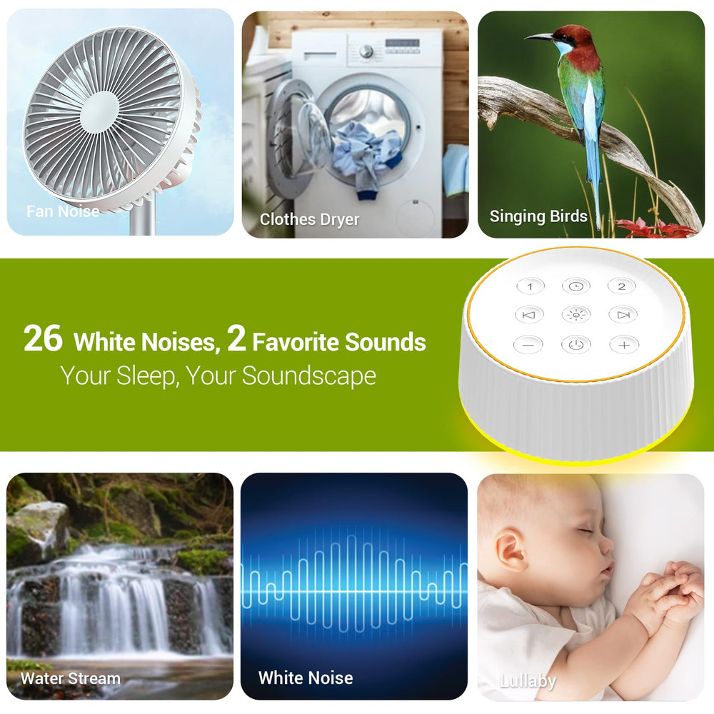 BGOVERSS sound machine displaying 26 sounds, offering varied options for soothing routines.