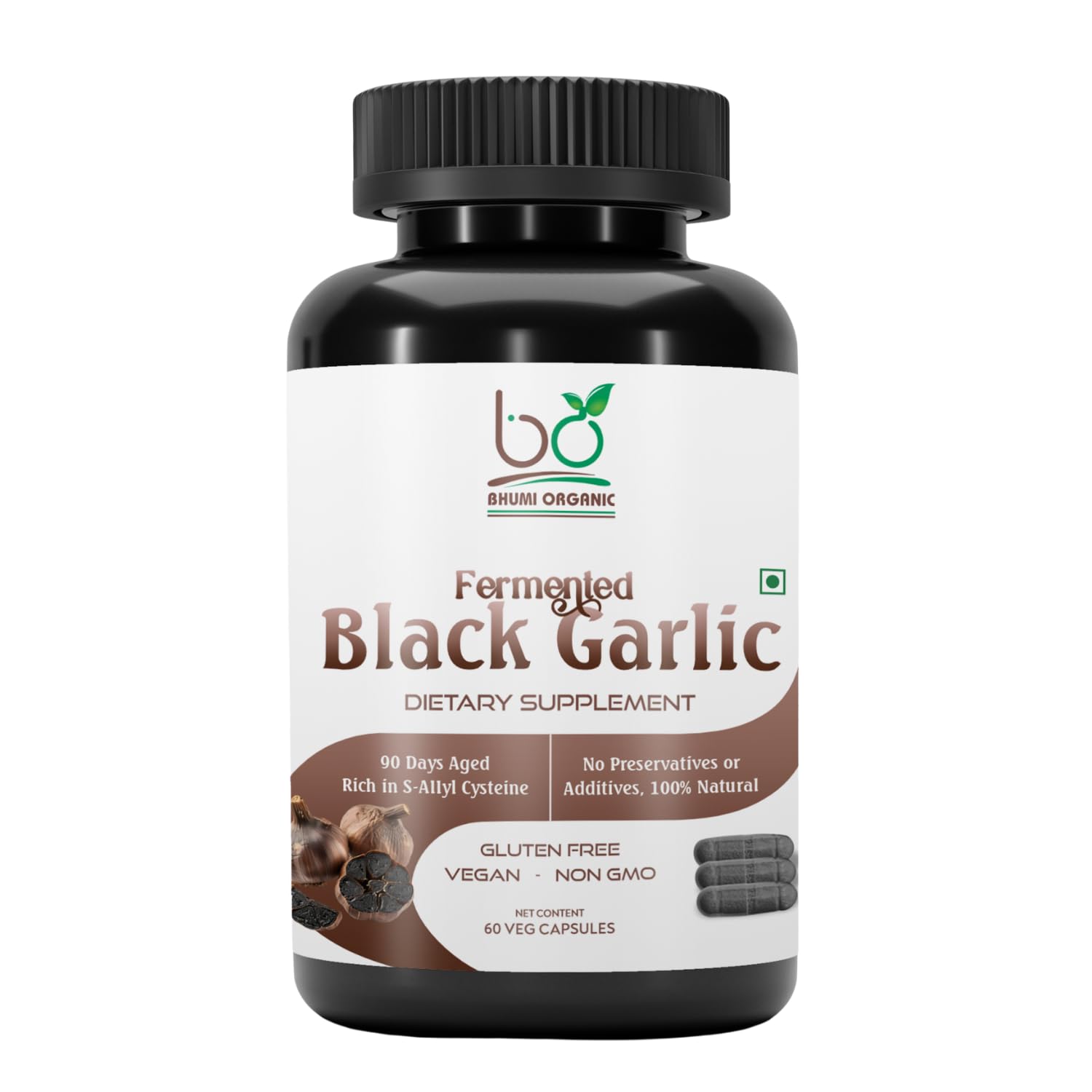Bhumi Organic aged black garlic capsules bottle front for odorless daily support.