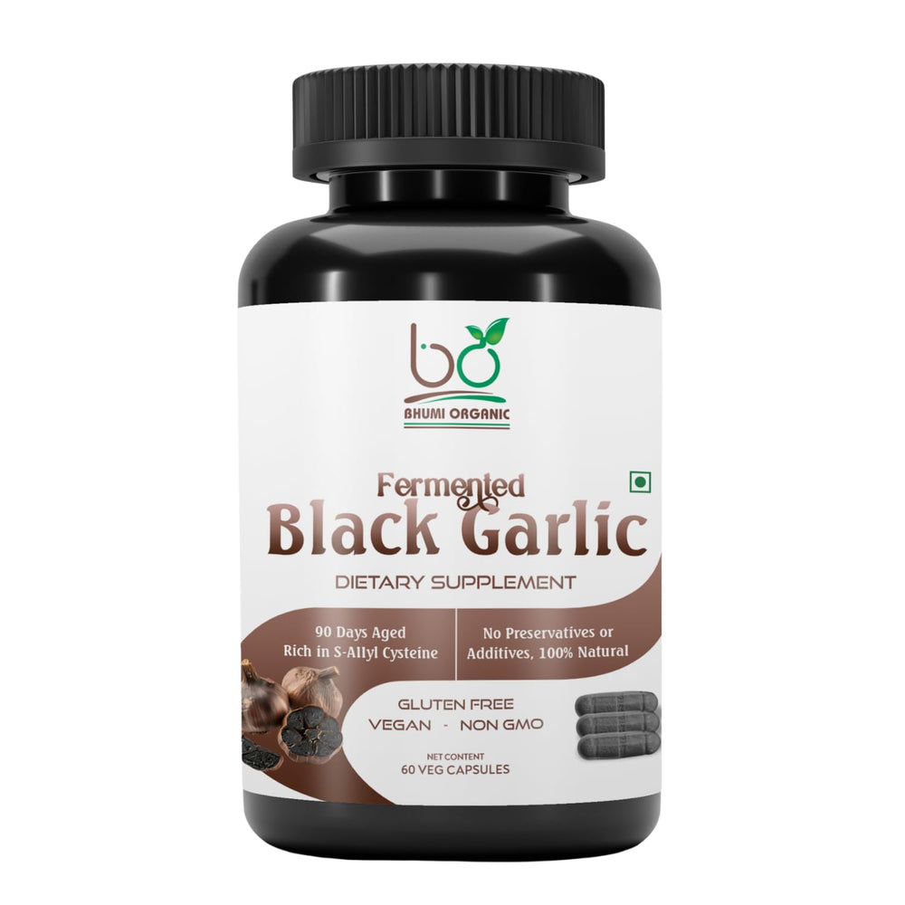 Bhumi Organic aged black garlic capsules bottle front for odorless daily support.