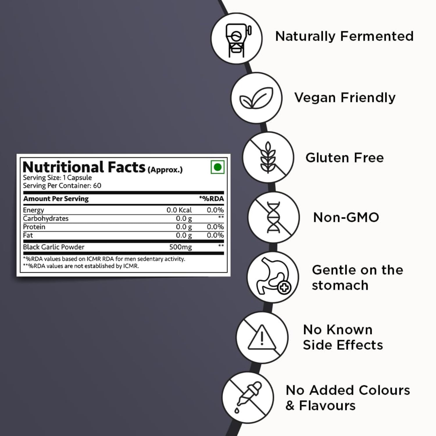Bhumi Organic aged black garlic capsules packaging label with product details.