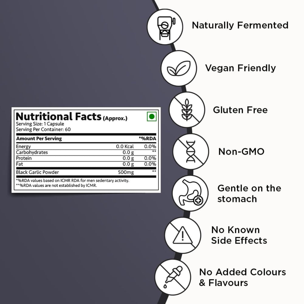 Bhumi Organic aged black garlic capsules packaging label with product details.