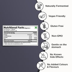 Bhumi Organic aged black garlic capsules packaging label with product details.