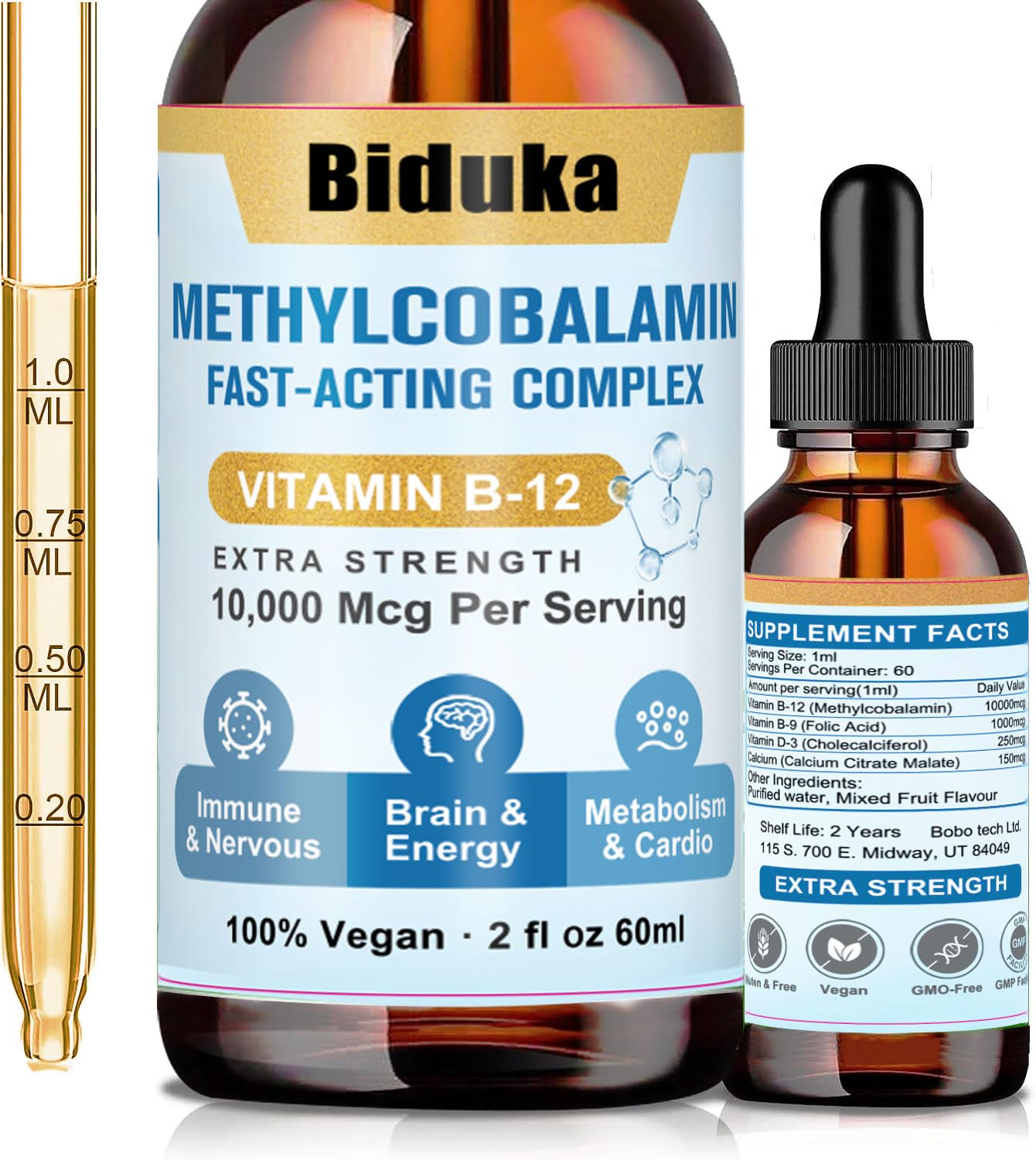 Biduka B12 drops bottle close-up for energy and mood support.