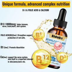 Biduka B12 drops droplet dispense illustrating quick sublingual intake.
