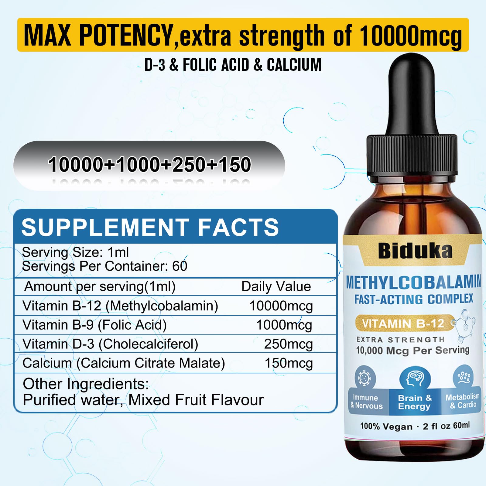 Biduka B12 drops label close-up highlighting D3 and B9 in the formula.