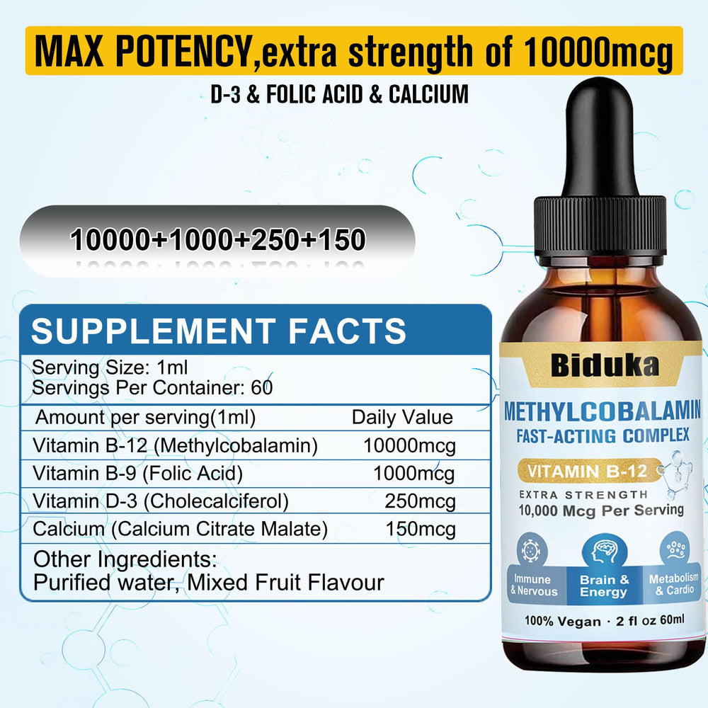 Biduka B12 drops label close-up highlighting D3 and B9 in the formula.