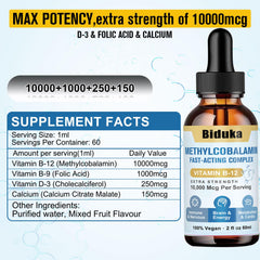 Biduka B12 drops label close-up highlighting D3 and B9 in the formula.