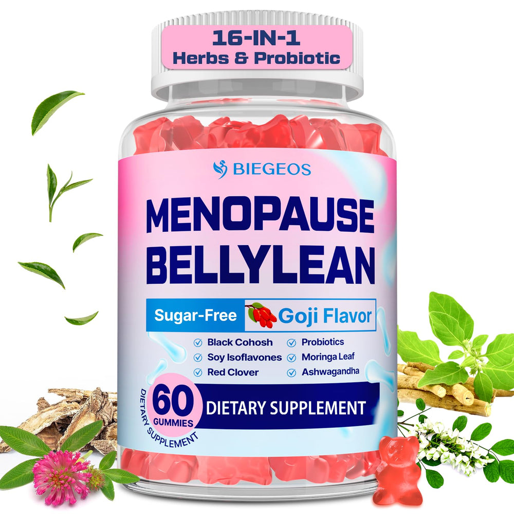 Biegeos menopause gummies bottle for daily balance and sugar-free convenience.