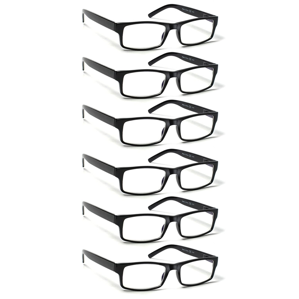 BIENCOOL six-pack black frame reading glasses for daily at-home and on-the-go reading.