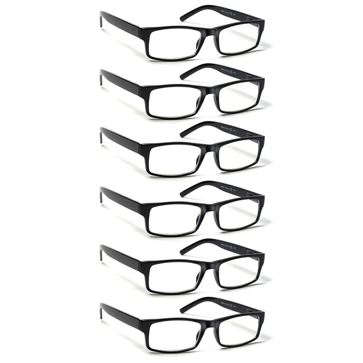 BIENCOOL six-pack black frame reading glasses for daily at-home and on-the-go reading.
