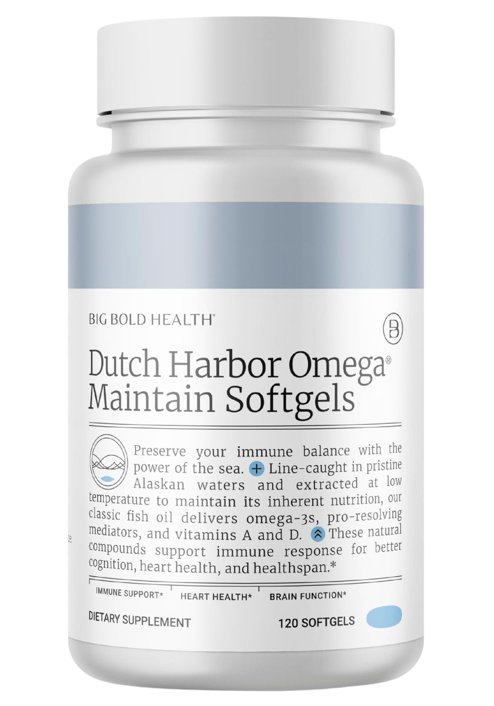 Big Bold Health Dutch Harbor Omega Maintain bottle pour shows easy dosing of omega-3s