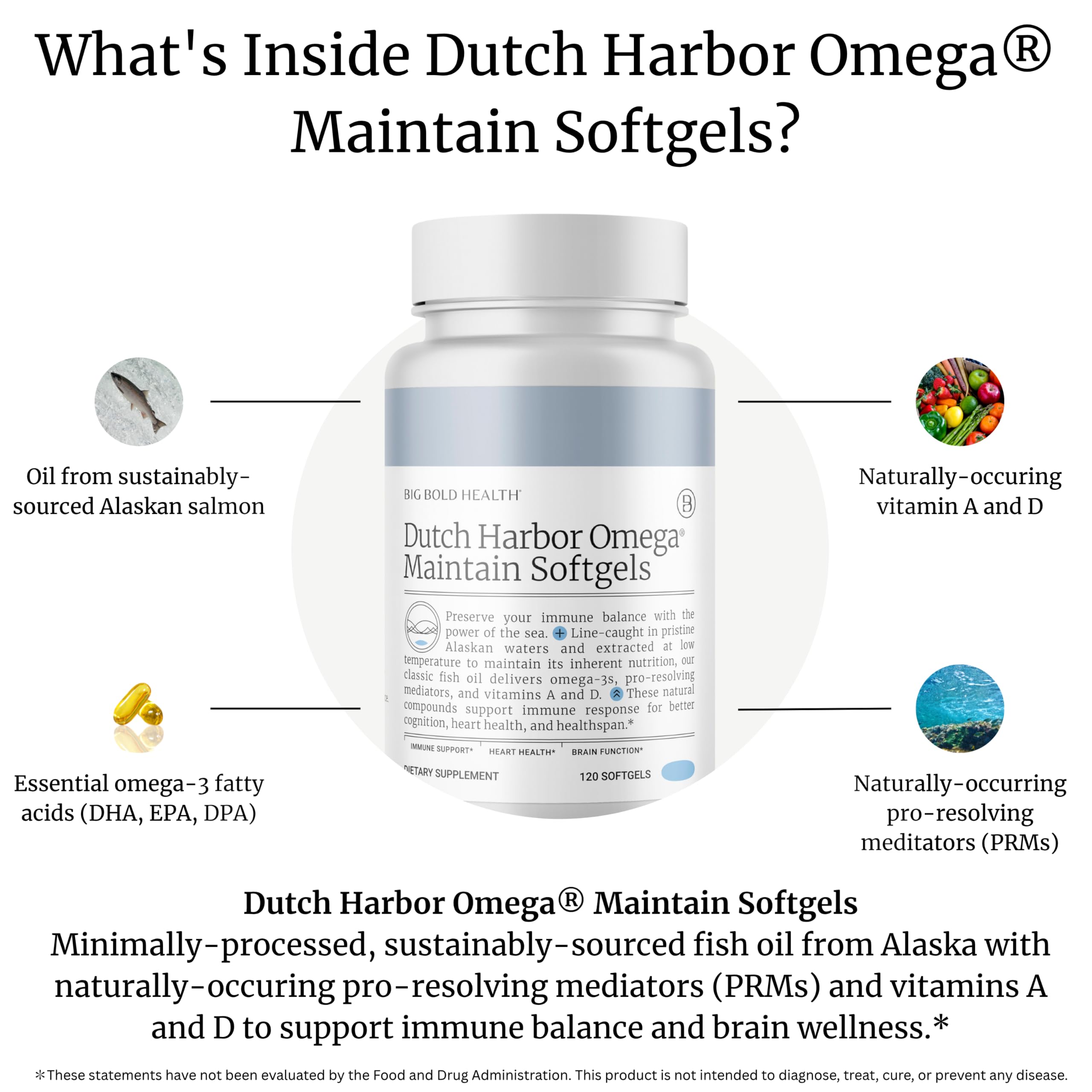 Big Bold Health Dutch Harbor Omega Maintain softgels closeup label highlights lemon flavor