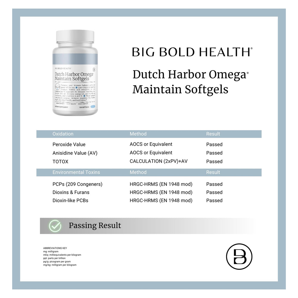 Big Bold Health Dutch Harbor Omega Maintain bottle highlights added vitamins A and D for daily wellness
