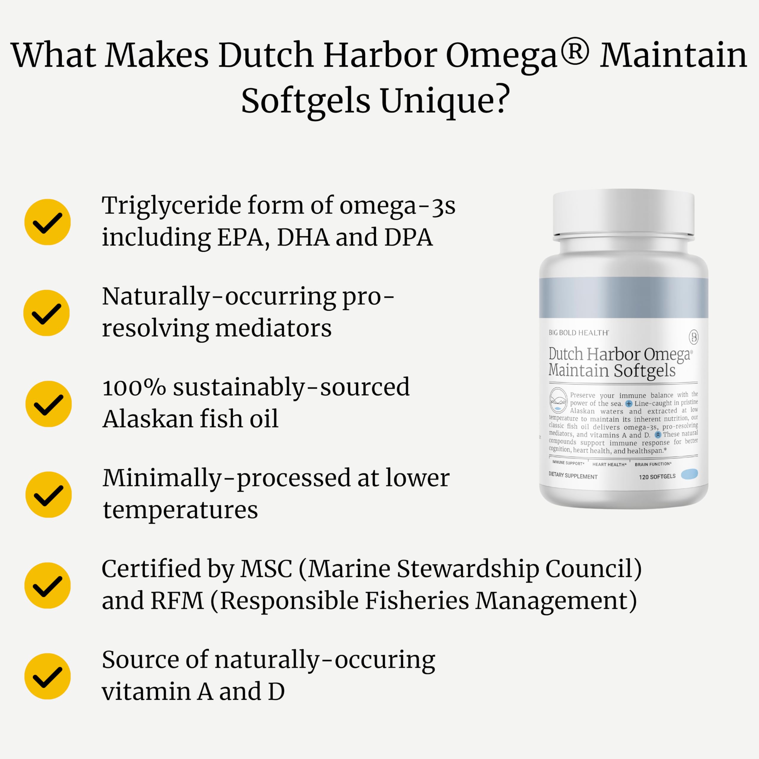 Packaging shot of Big Bold Health Dutch Harbor Omega Maintain emphasizes sustainability seals