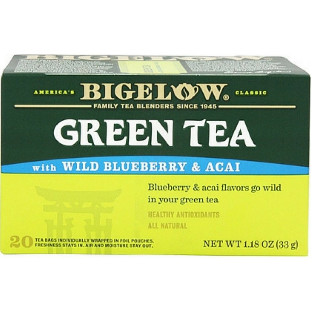 Bigelow Green Tea with Blueberry packaging showing the box and tea bags, a convenient 20-count supply.