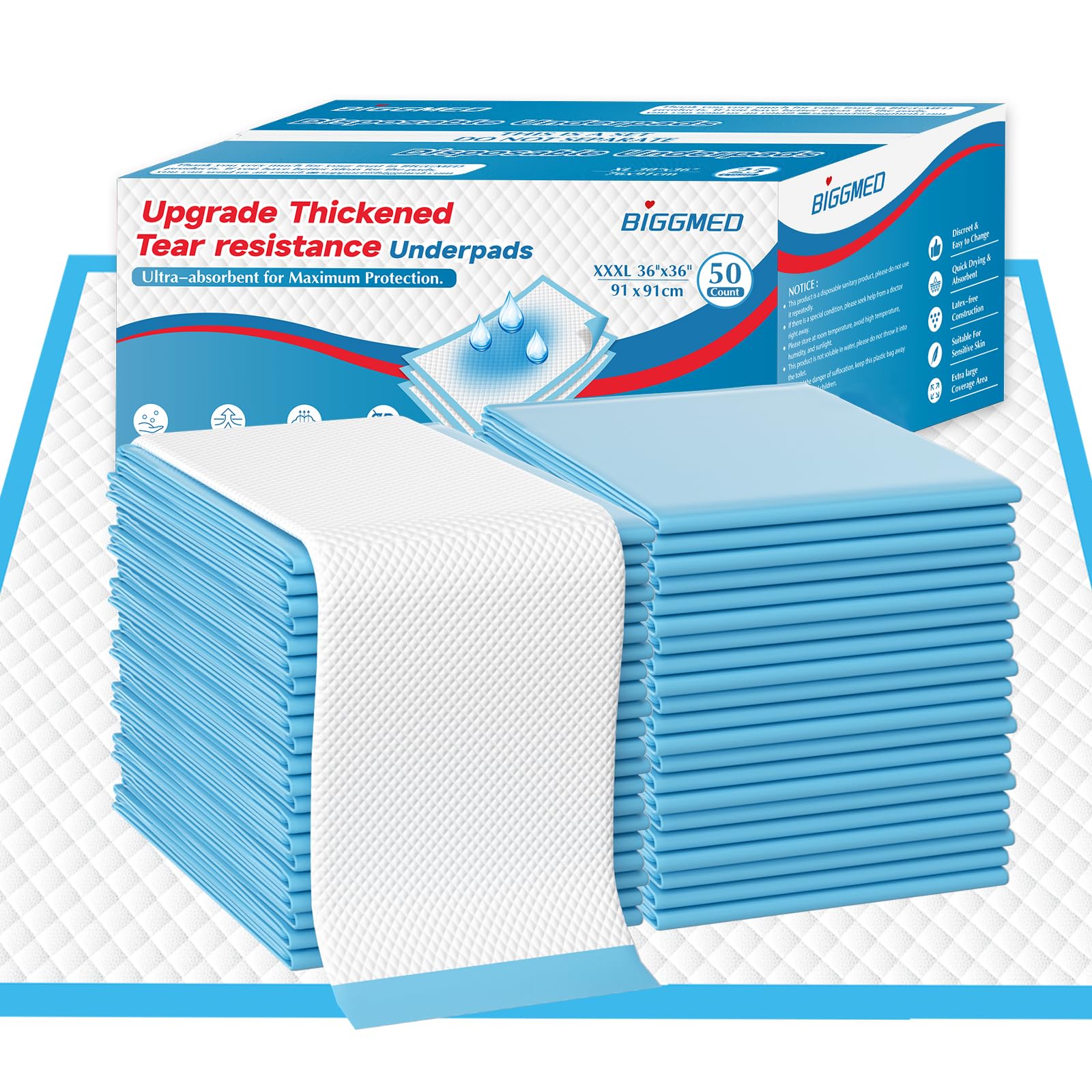 BIGGMED tear-resistant bed pad 36x36 protects beds with reinforced waterproof backing.