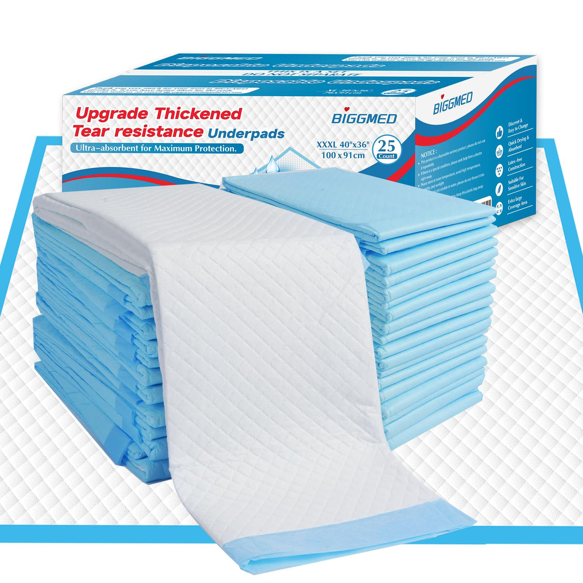 BIGGMED bed pad 36x40 inches provides maximum coverage for bed protection.