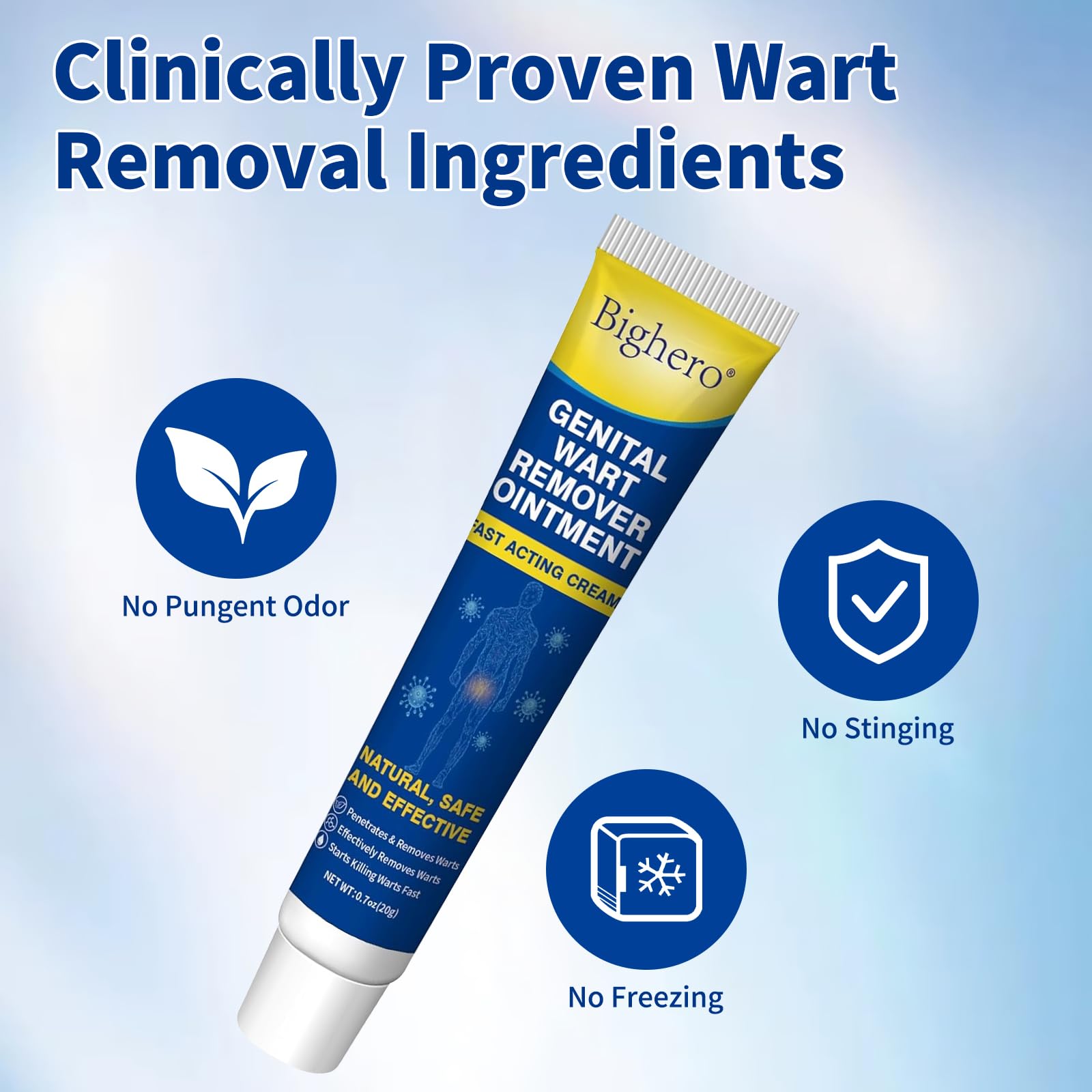 Packaging of Bighero Wart Fast Acting Cream on table for home use