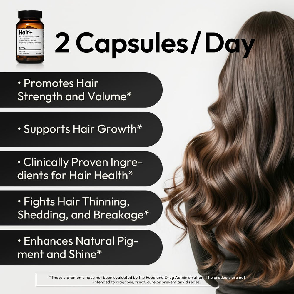 BIGVITA Hair Growth capsules close-up showing soft gel capsules.
