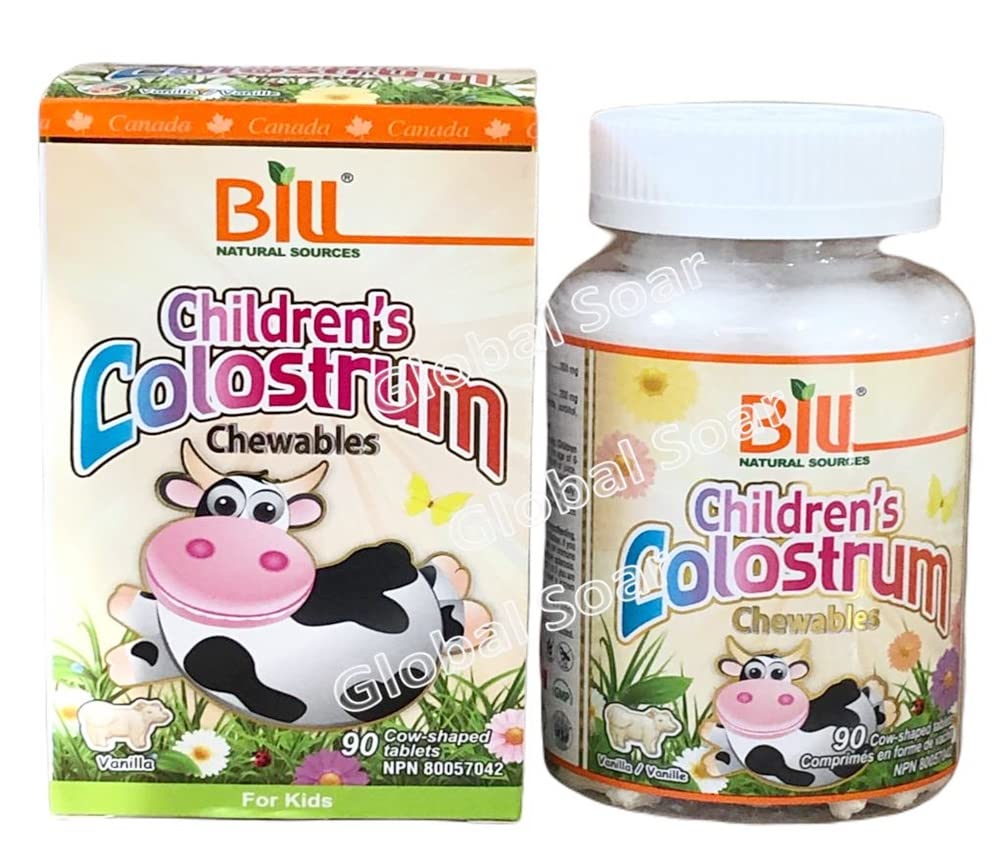 Bill Natural Sources Children's Colostrum chewables bottle; may support kids' immune health.