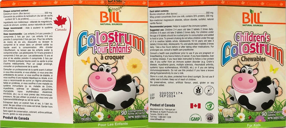 Bill Natural Sources Children's Colostrum chewables closeup; easy-to-chew texture for daily use.