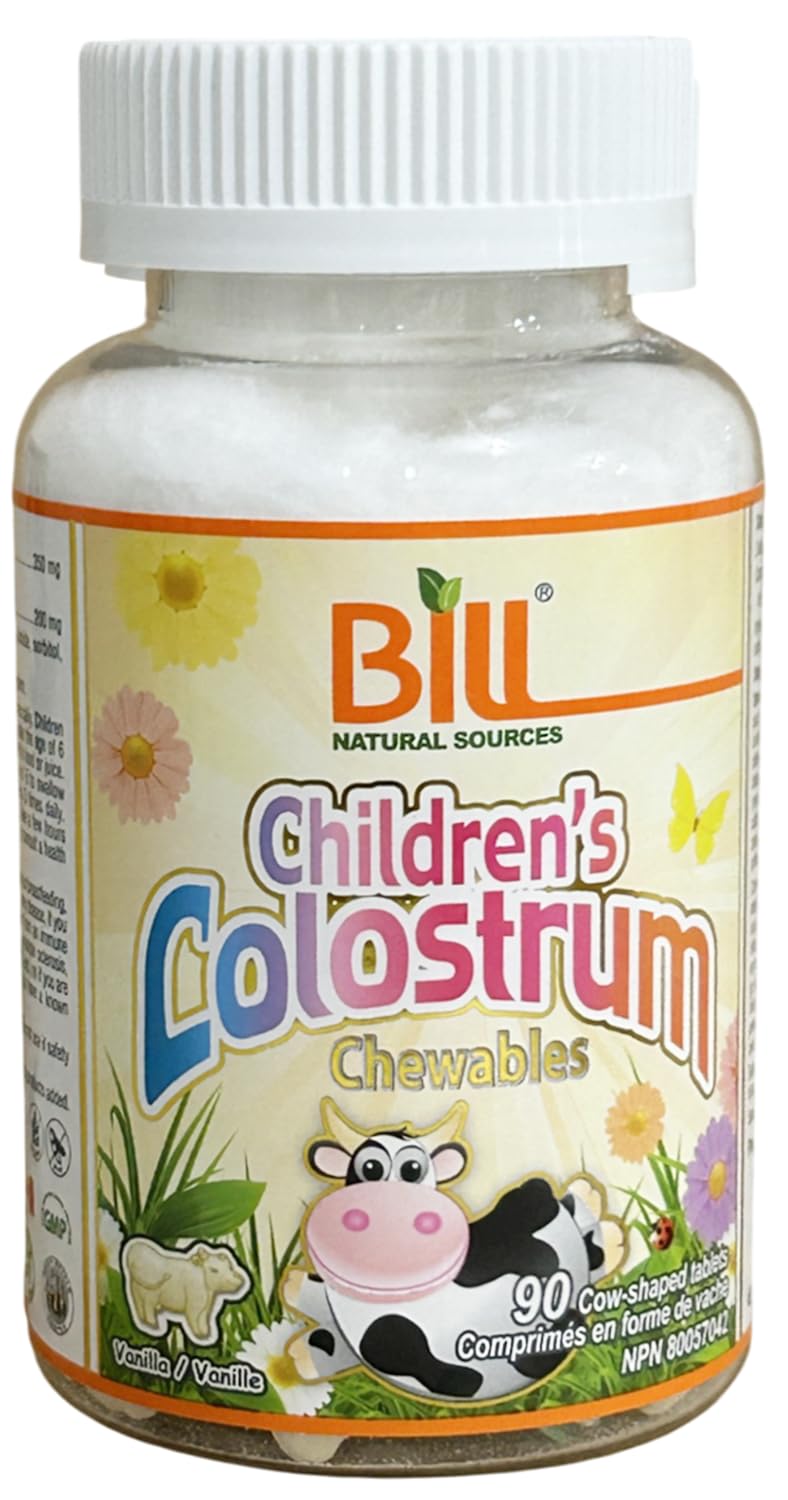 Bill Natural Sources Children's Colostrum ingredients panel; bovine colostrum and whey protein.