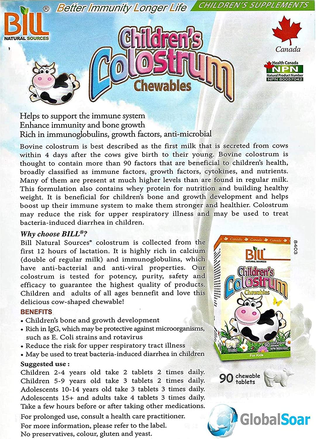 Bill Natural Sources Children's Colostrum tablets with whey protein; visible blend for amino acids.