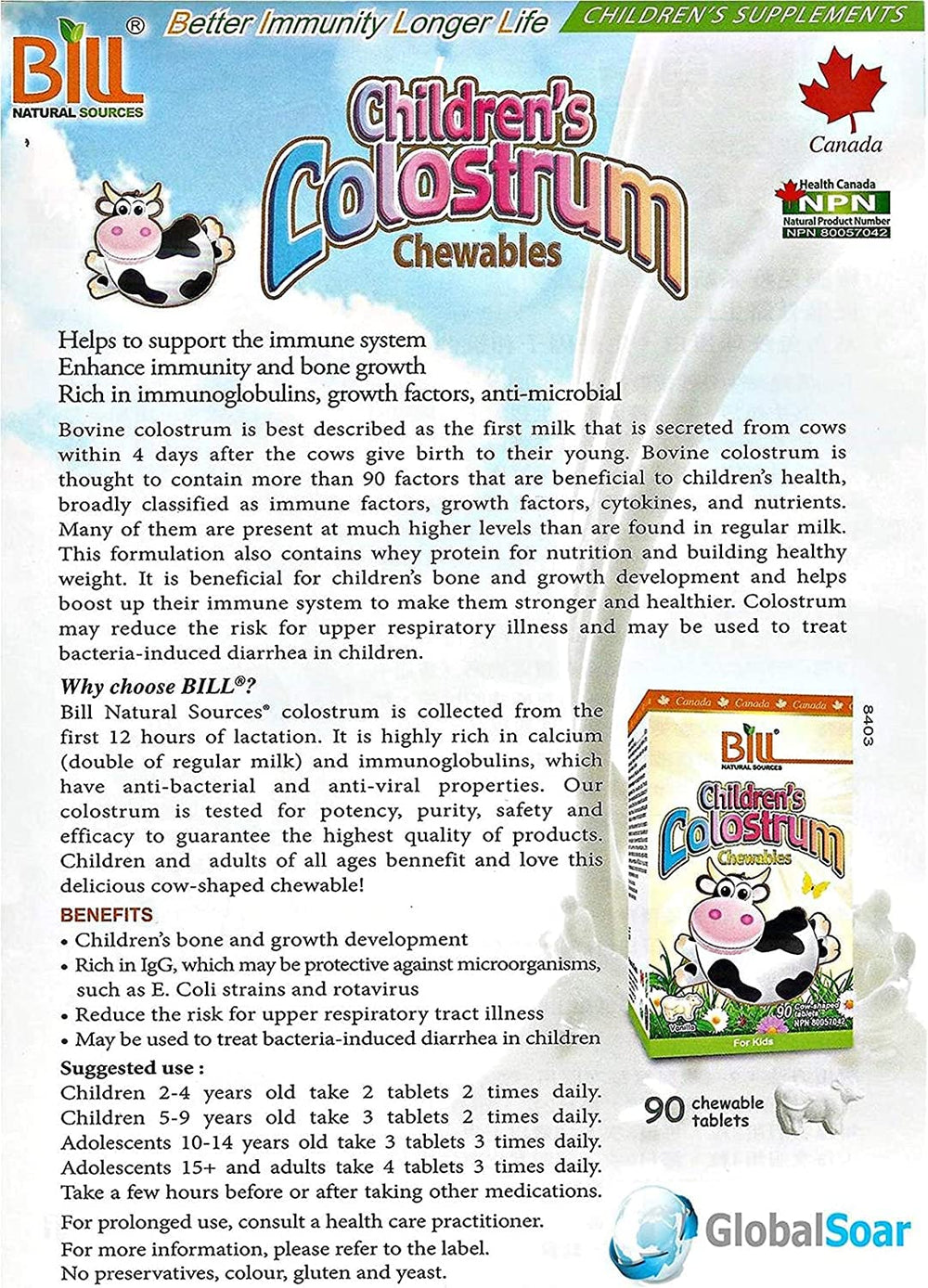 Bill Natural Sources Children's Colostrum tablets with whey protein; visible blend for amino acids.
