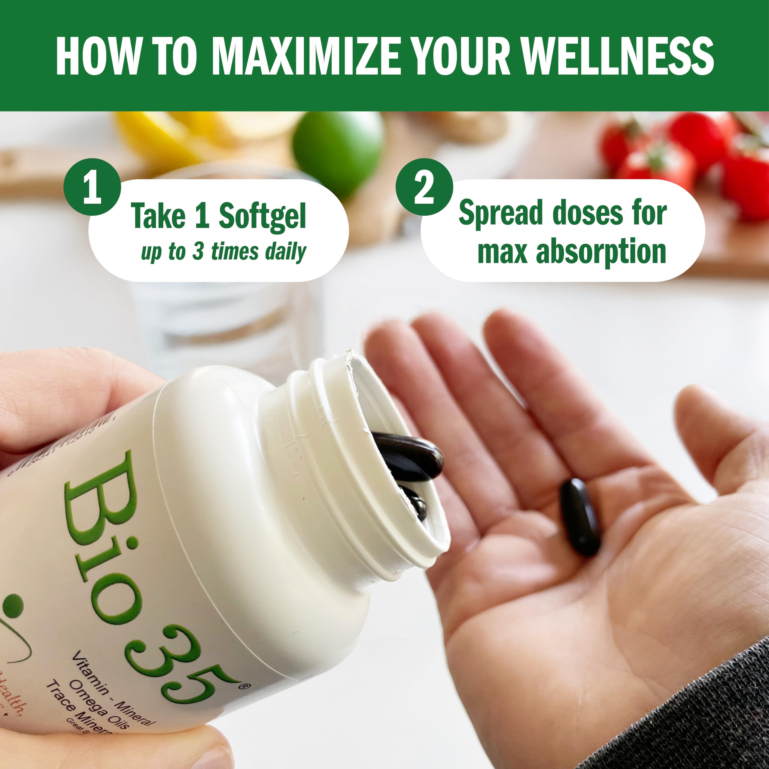 Bio-35 flaxseed, rice, safflower omega oils shown in bottle for quality oils.