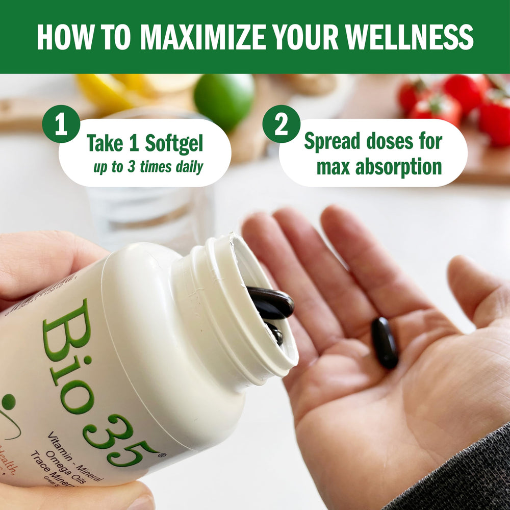 Bio-35 flaxseed, rice, safflower omega oils shown in bottle for quality oils.