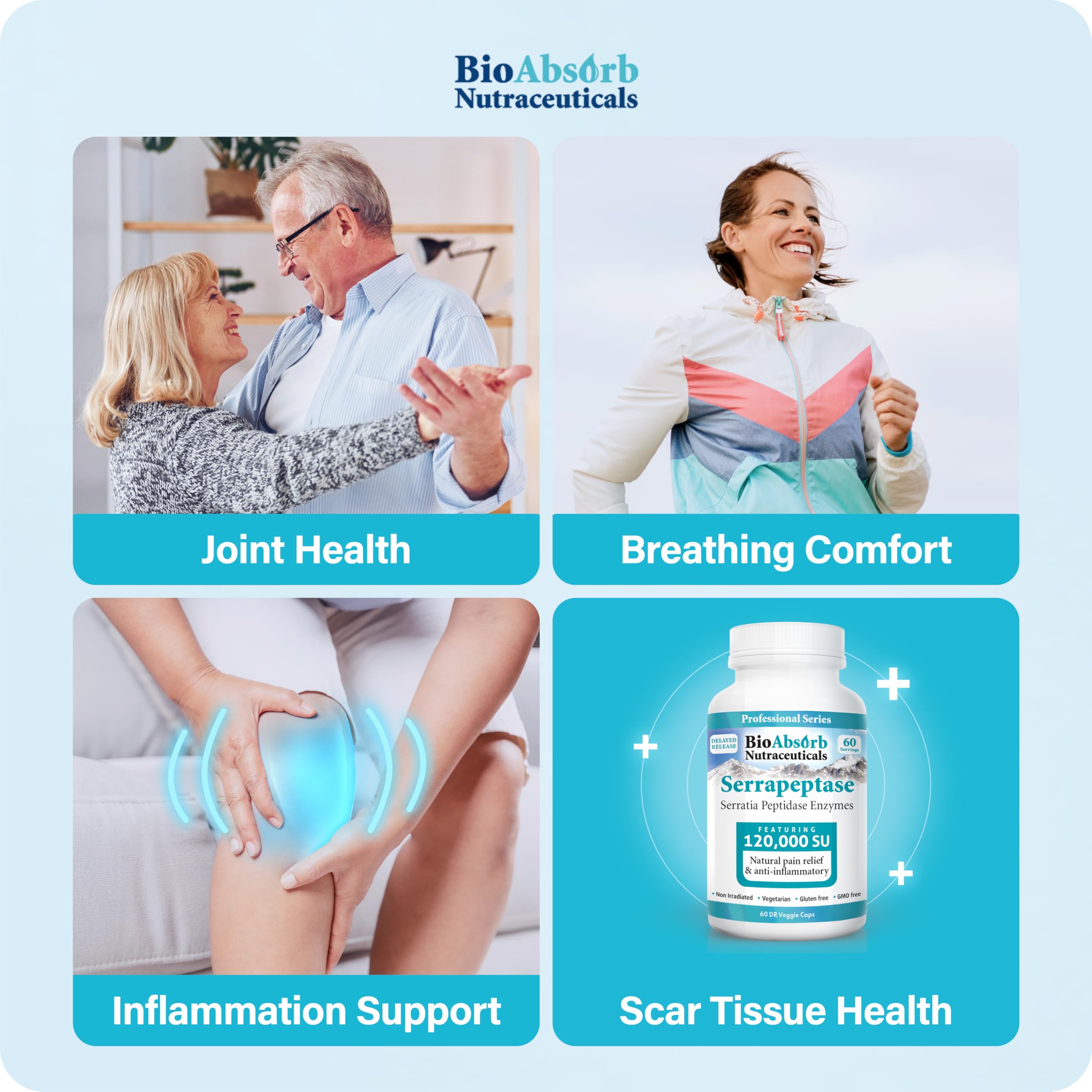 Bio Absorb Serrapeptase bottle label emphasizes non-GMO and vegetarian formula