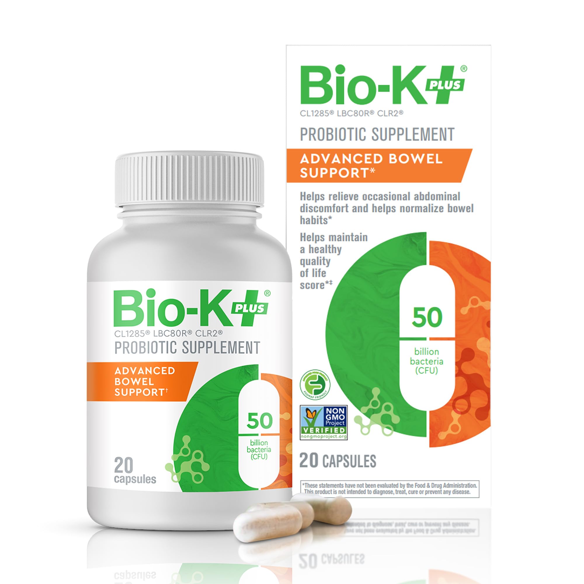 Bio-K+ Advanced Bowel Support bottle front, vegan probiotic for gut balance.