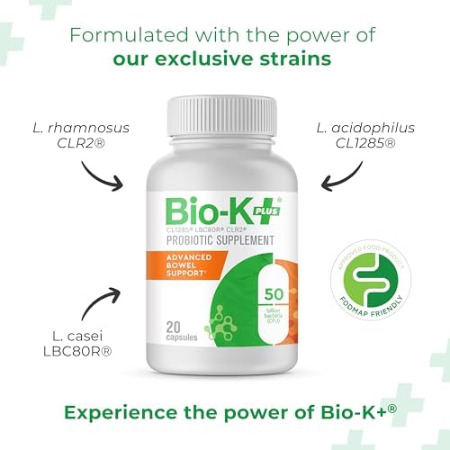 Bio-K+ Advanced Bowel Support capsules close-up showing 50B CFU.
