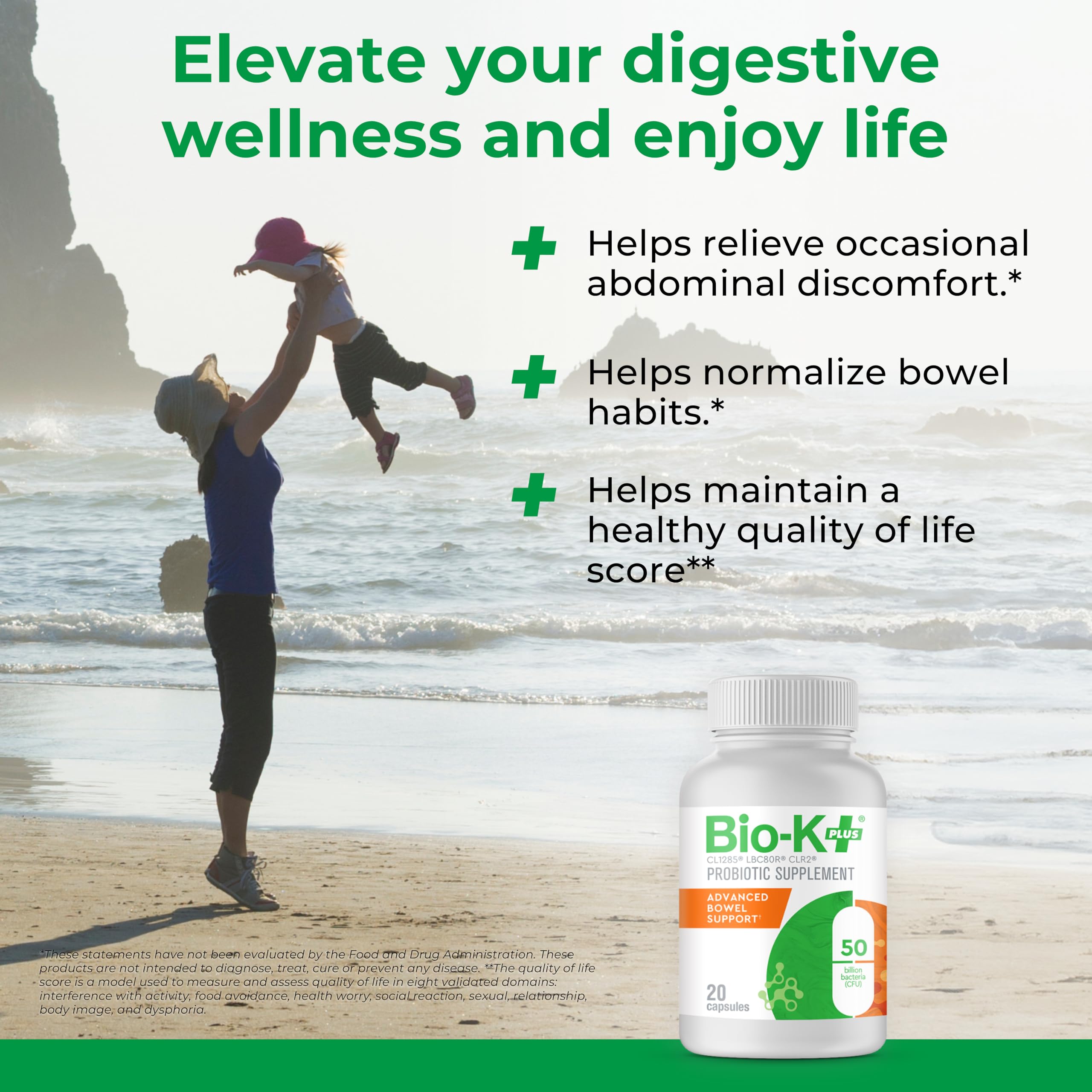 Vegan and gluten-free icons on Bio-K+ packaging for dietary compatibility.