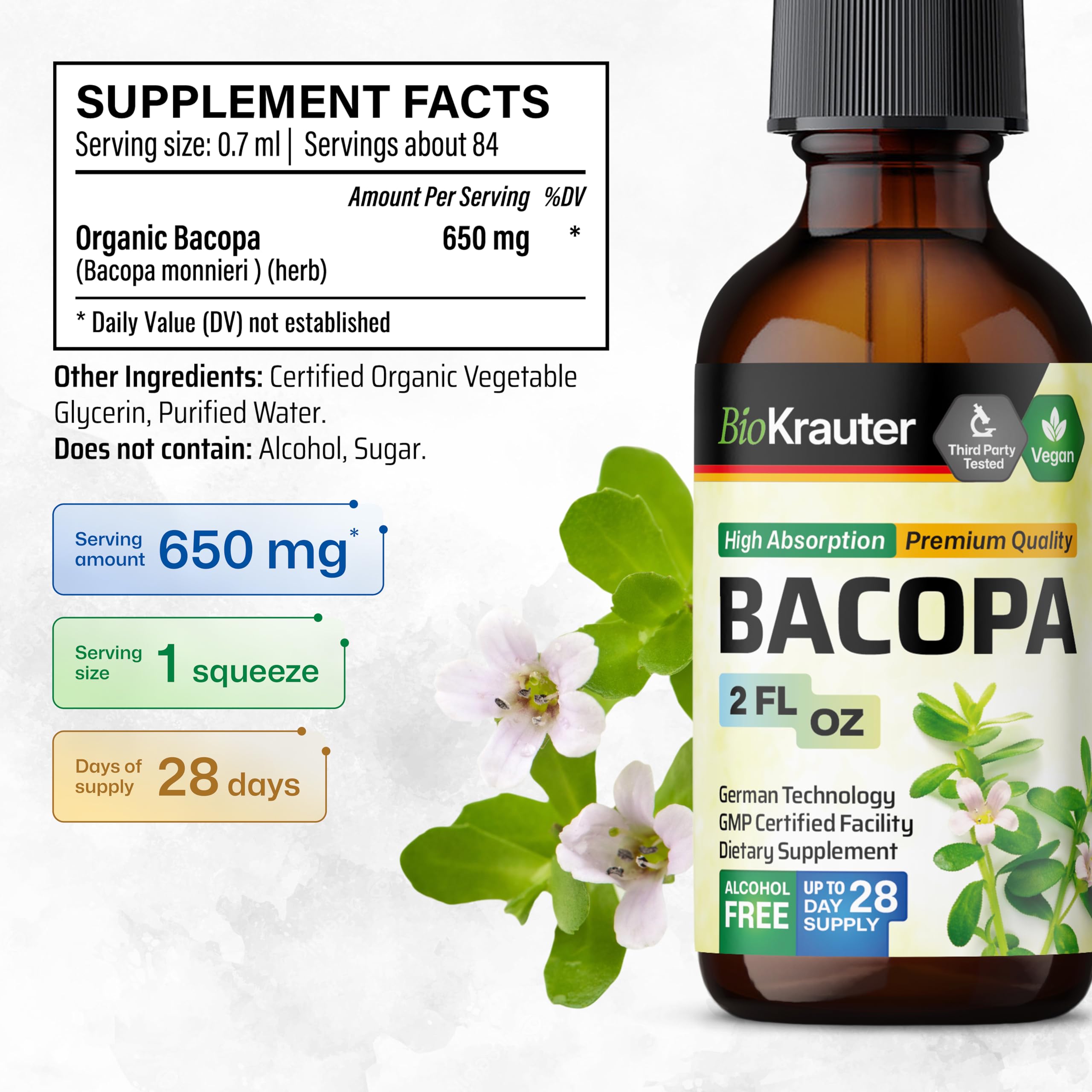 BIO KRAUTER Bacopa Monnieri drops liquid, smooth dosing.