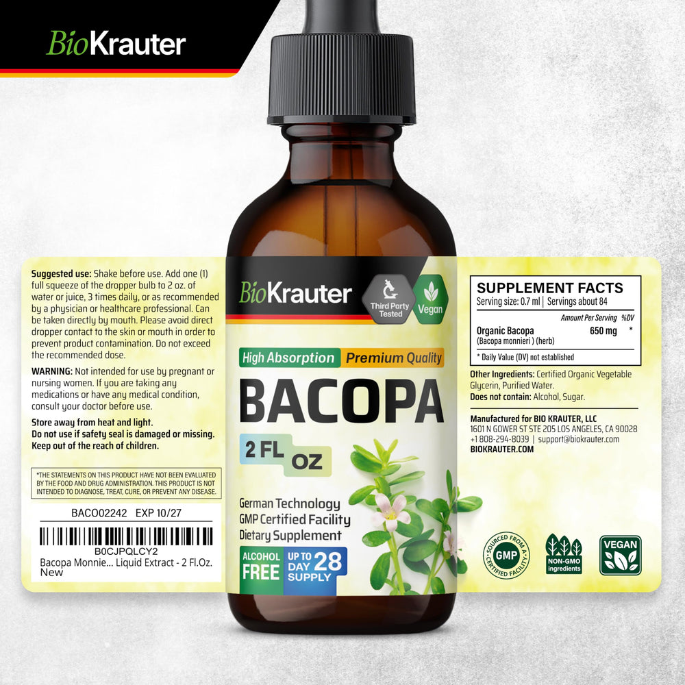USA-made with globally sourced ingredients for BIO KRAUTER Bacopa drops.