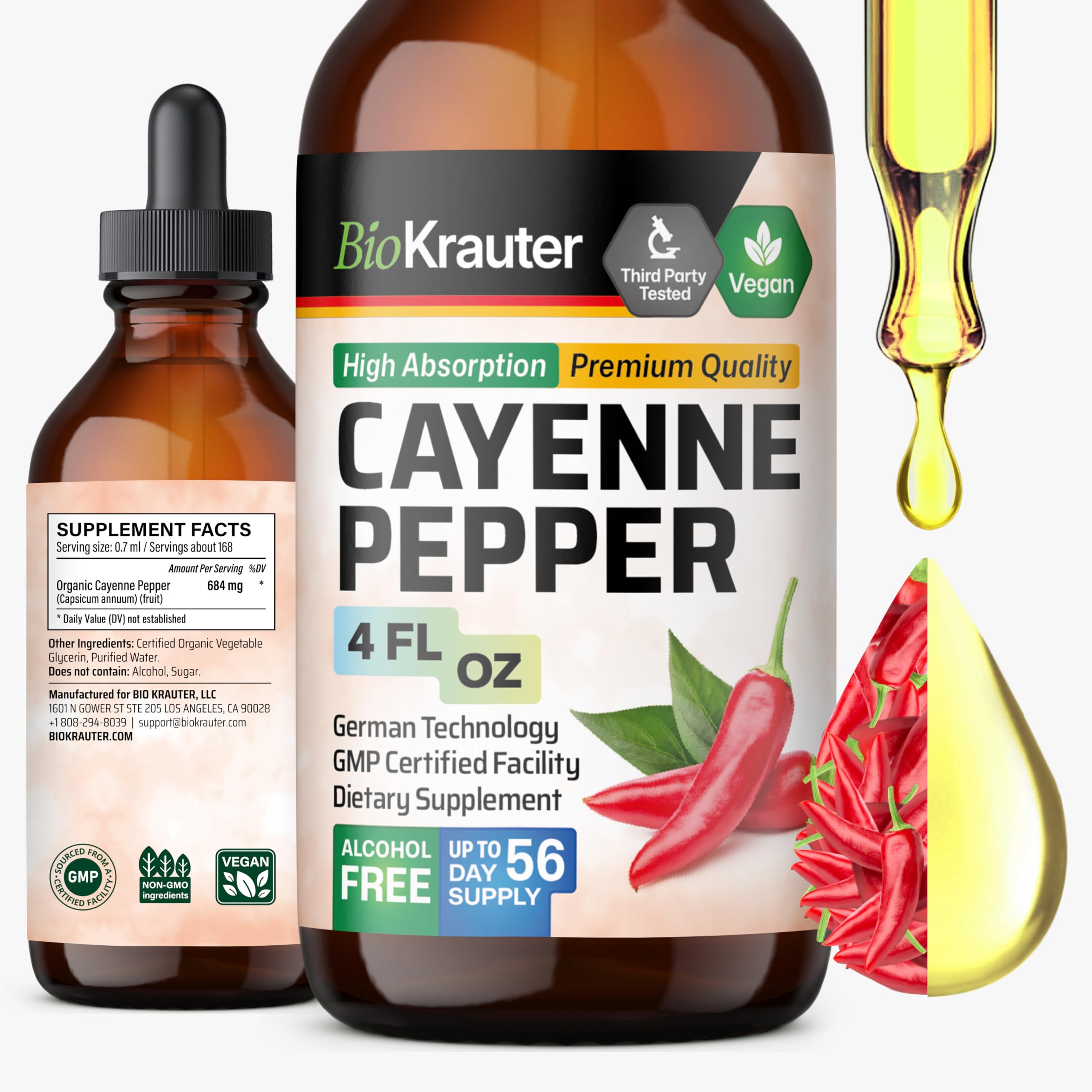 BIO KRAUTER Cayenne Drops bottle close-up showing pure capsaicin for digestive comfort.