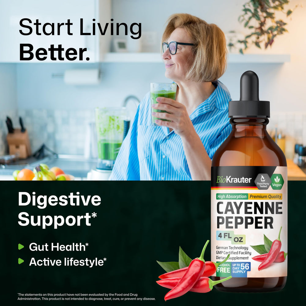 BIO KRAUTER Cayenne Drops three-ingredient formula: water, glycerin, cayenne for simple care.