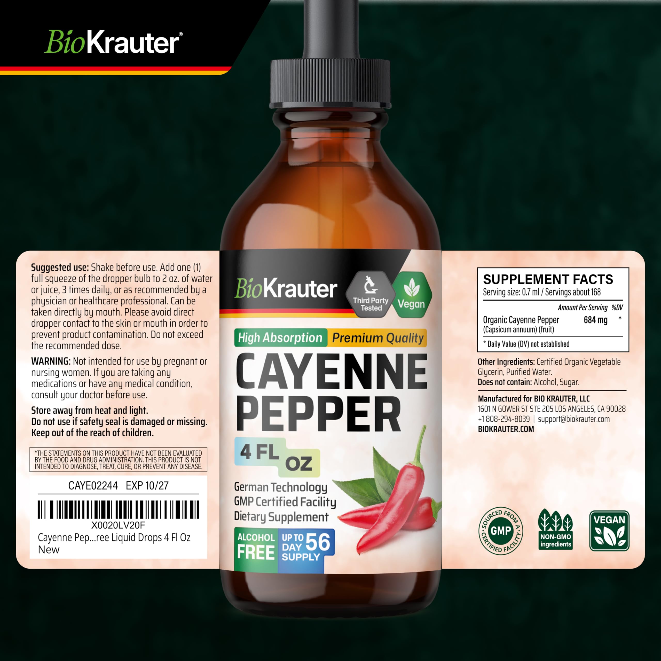 BIO KRAUTER Cayenne Drops label front, emphasizing vegan and non-GMO credentials.