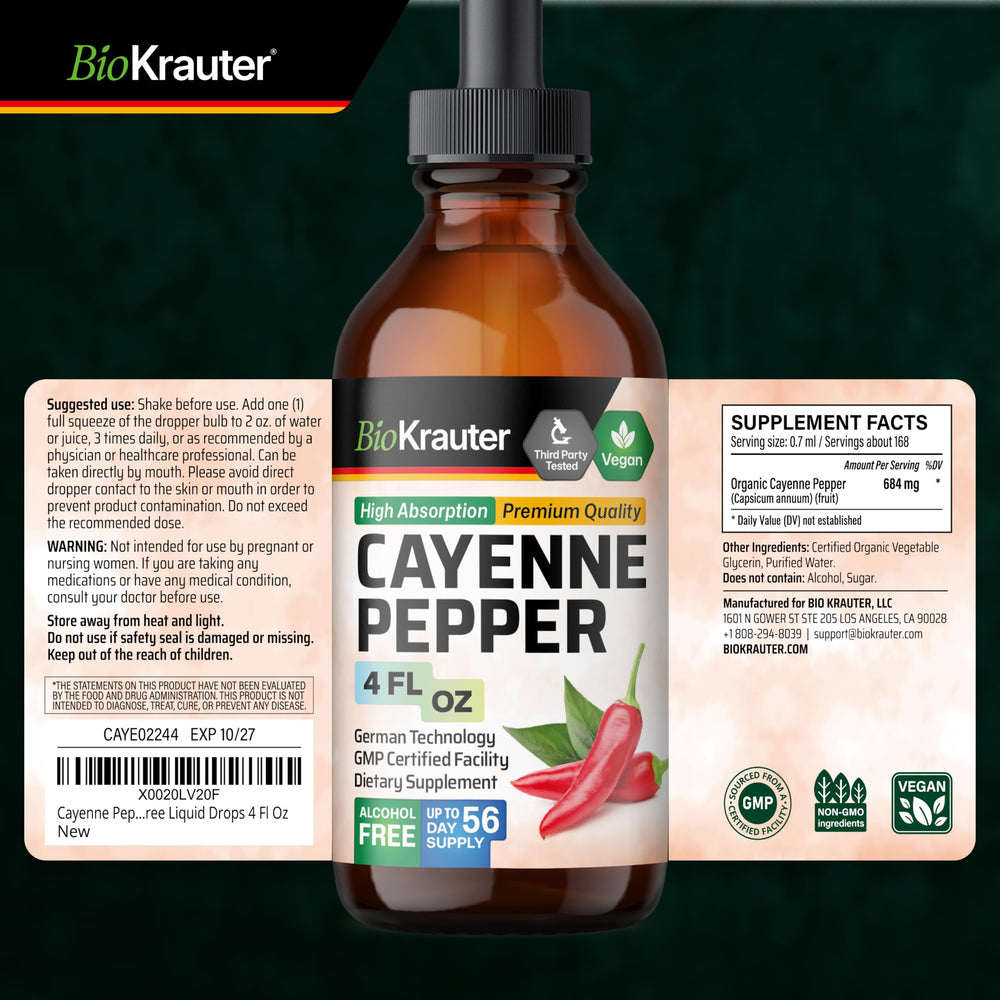 BIO KRAUTER Cayenne Drops label front, emphasizing vegan and non-GMO credentials.